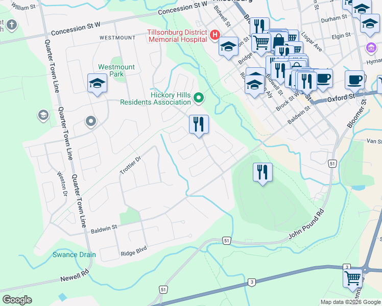 map of restaurants, bars, coffee shops, grocery stores, and more near 20 Edwin Crescent in Tillsonburg