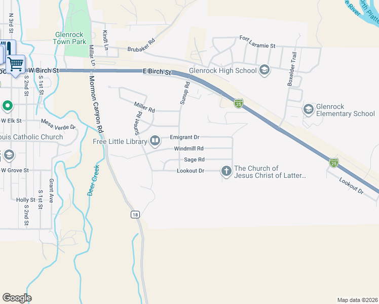map of restaurants, bars, coffee shops, grocery stores, and more near 515 Windmill Road in Glenrock