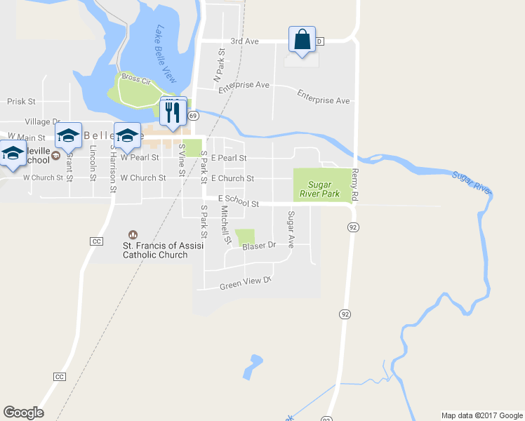 map of restaurants, bars, coffee shops, grocery stores, and more near 330 East School Street in Belleville