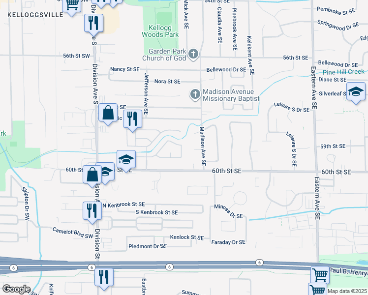 map of restaurants, bars, coffee shops, grocery stores, and more near 5916 Fireside Drive Southeast in Grand Rapids