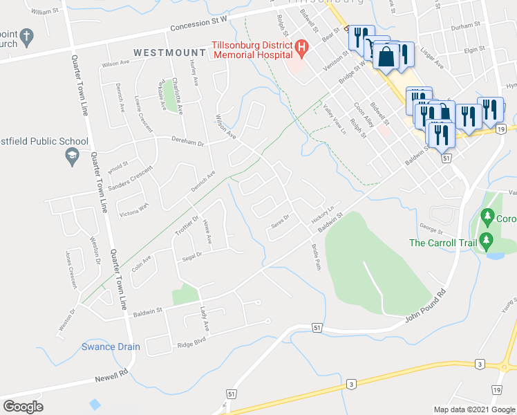 map of restaurants, bars, coffee shops, grocery stores, and more near 50 Edwin Crescent in Tillsonburg