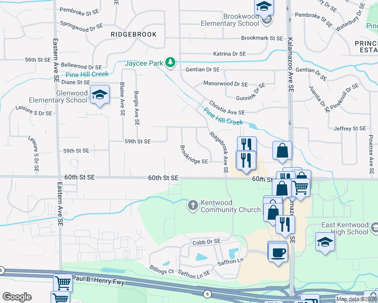 map of restaurants, bars, coffee shops, grocery stores, and more near 1259 Brookridge Street Southeast in Kentwood