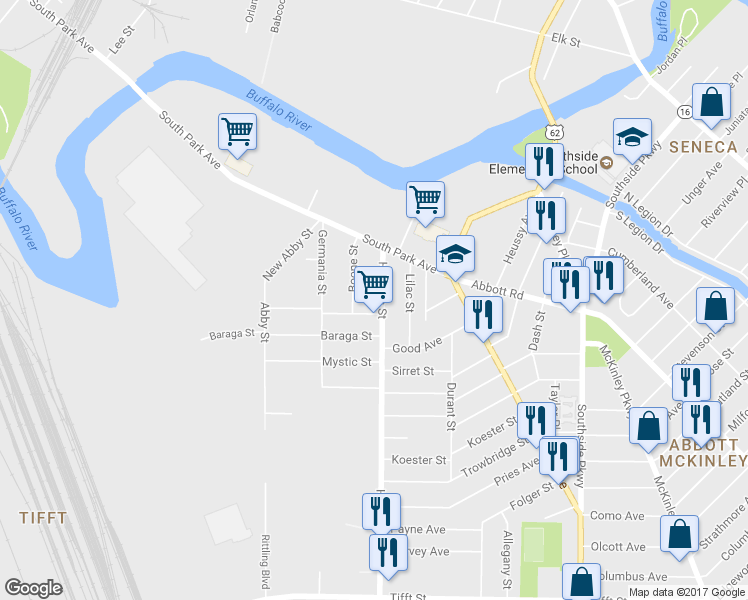 map of restaurants, bars, coffee shops, grocery stores, and more near 694 Hopkins Street in Buffalo