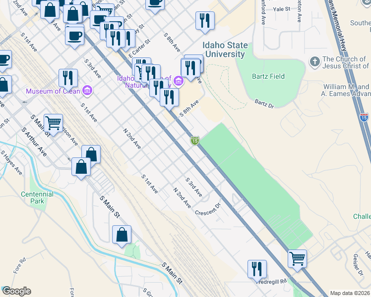 map of restaurants, bars, coffee shops, grocery stores, and more near 1415 South 5th Avenue in Pocatello
