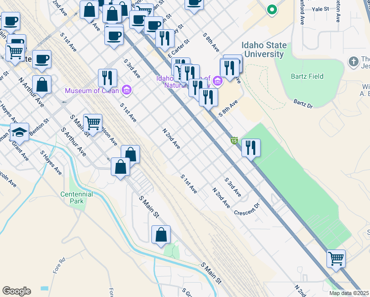 map of restaurants, bars, coffee shops, grocery stores, and more near 306 East Humbolt Street in Pocatello
