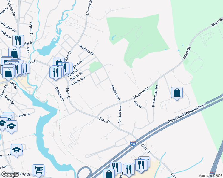map of restaurants, bars, coffee shops, grocery stores, and more near 69 Madison Street in Amesbury