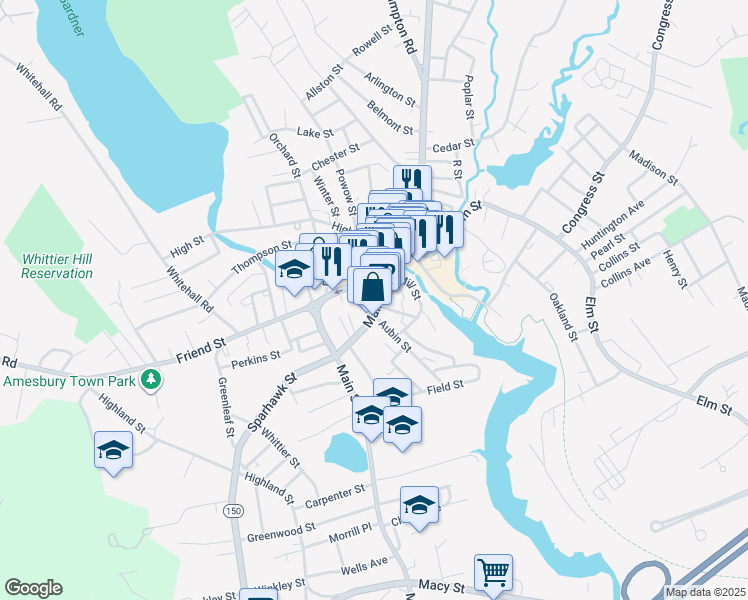 map of restaurants, bars, coffee shops, grocery stores, and more near 101 Main Street in Amesbury