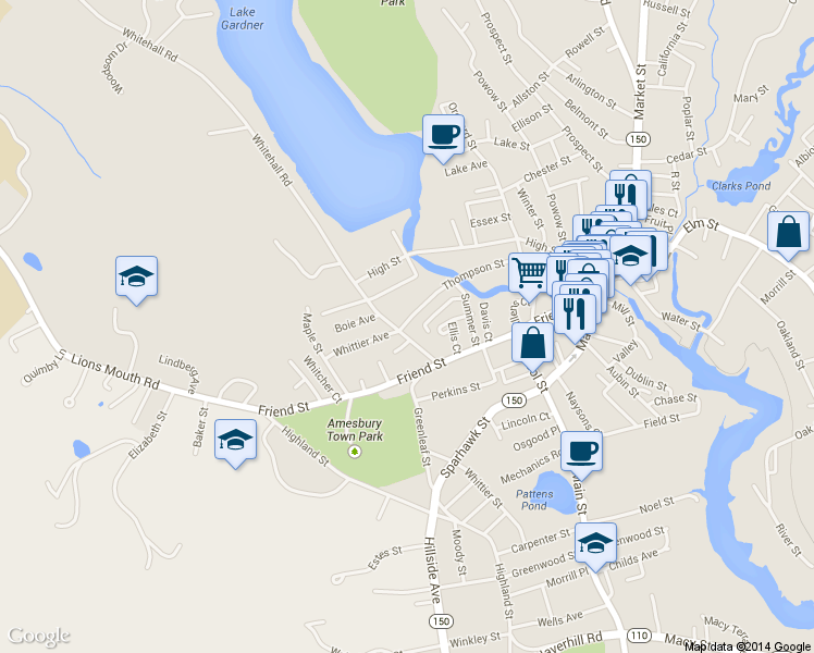 map of restaurants, bars, coffee shops, grocery stores, and more near 64 Thompson Street in Amesbury