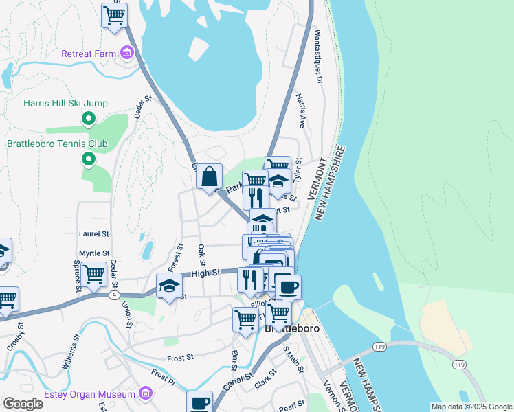 map of restaurants, bars, coffee shops, grocery stores, and more near 15 Putney Road in Brattleboro