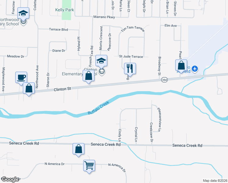 map of restaurants, bars, coffee shops, grocery stores, and more near 4131 Clinton Street in Buffalo