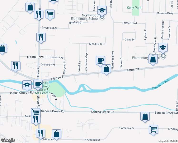 map of restaurants, bars, coffee shops, grocery stores, and more near 3744 Clinton Street in West Seneca