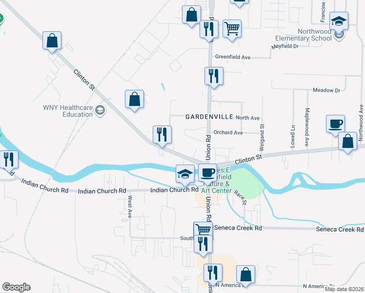 map of restaurants, bars, coffee shops, grocery stores, and more near 3402 Clinton Street in Buffalo