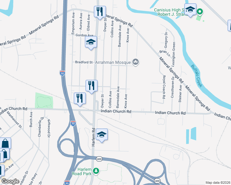 map of restaurants, bars, coffee shops, grocery stores, and more near 74 Barnsdale Avenue in Buffalo