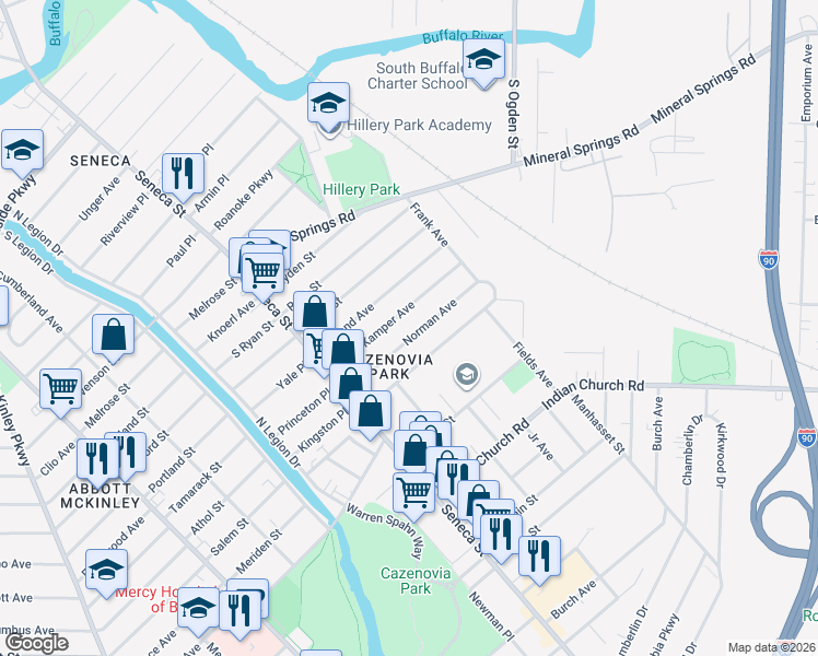 map of restaurants, bars, coffee shops, grocery stores, and more near 79 Kamper Avenue in Buffalo