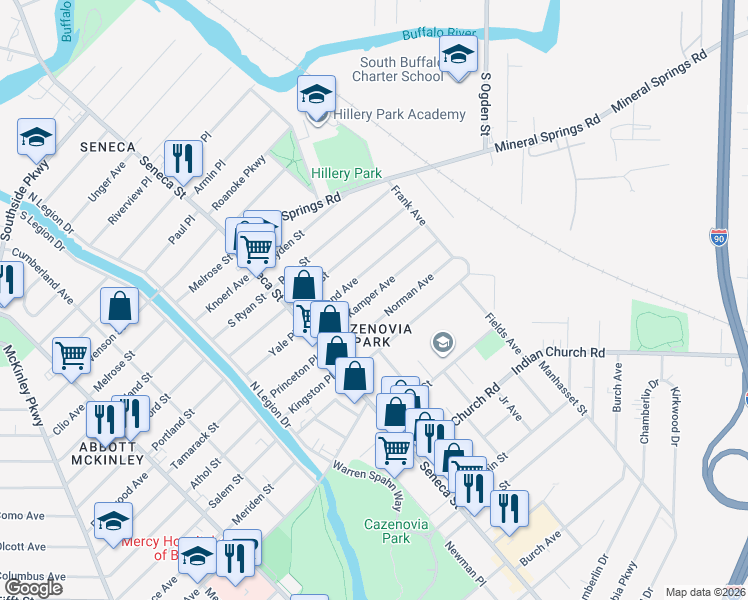 map of restaurants, bars, coffee shops, grocery stores, and more near 79 Kamper Avenue in Buffalo