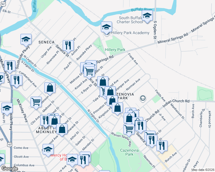 map of restaurants, bars, coffee shops, grocery stores, and more near 85 Geary Street in Buffalo