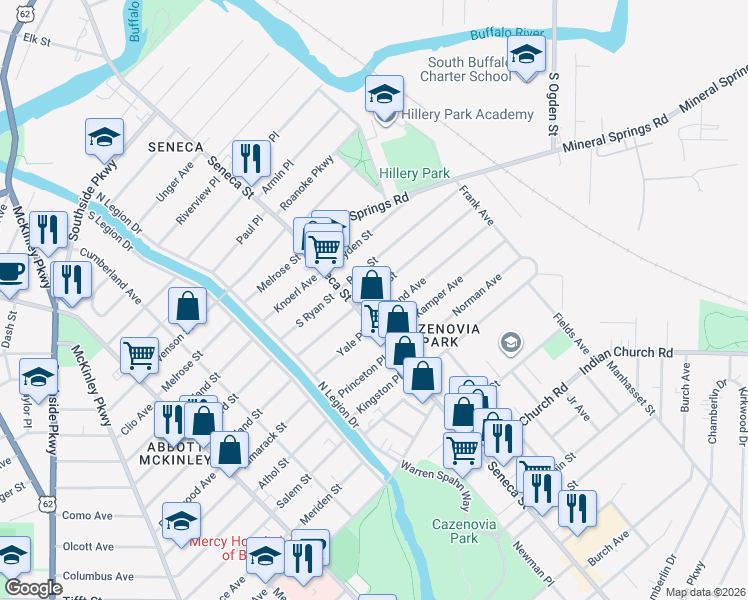 map of restaurants, bars, coffee shops, grocery stores, and more near 85 Geary Street in Buffalo