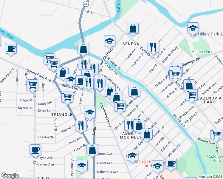 map of restaurants, bars, coffee shops, grocery stores, and more near 87 Marbeth Court in Buffalo