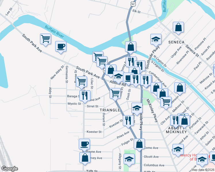 map of restaurants, bars, coffee shops, grocery stores, and more near 31 Abbott Road in Buffalo