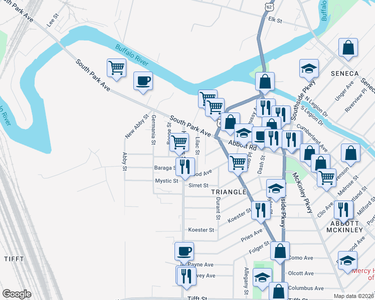 map of restaurants, bars, coffee shops, grocery stores, and more near 694 Hopkins Street in Buffalo