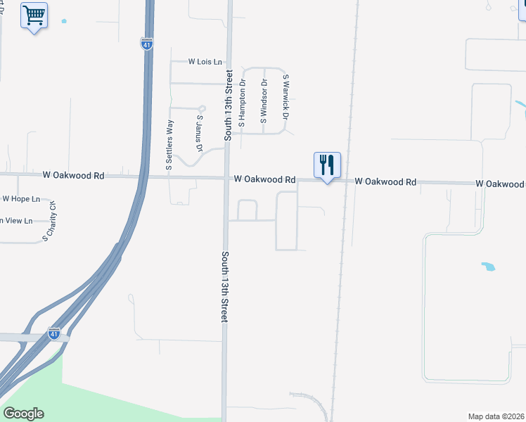 map of restaurants, bars, coffee shops, grocery stores, and more near 10363 South Mockingbird Lane in Oak Creek