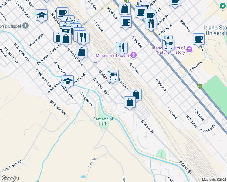 map of restaurants, bars, coffee shops, grocery stores, and more near 815 South Main Street in Pocatello