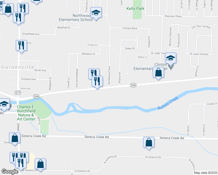 map of restaurants, bars, coffee shops, grocery stores, and more near 3865 Clinton Street in West Seneca