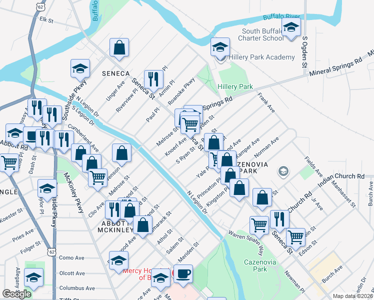 map of restaurants, bars, coffee shops, grocery stores, and more near 35 Knoerl Avenue in Buffalo