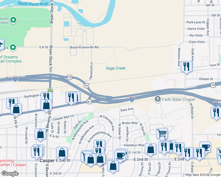 map of restaurants, bars, coffee shops, grocery stores, and more near 2800 East Yellowstone Highway in Casper