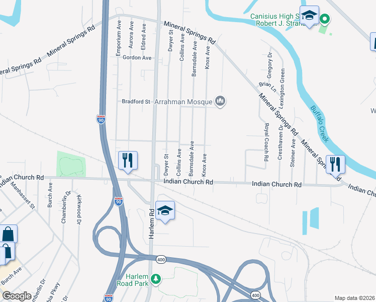 map of restaurants, bars, coffee shops, grocery stores, and more near 74 Barnsdale Avenue in Buffalo