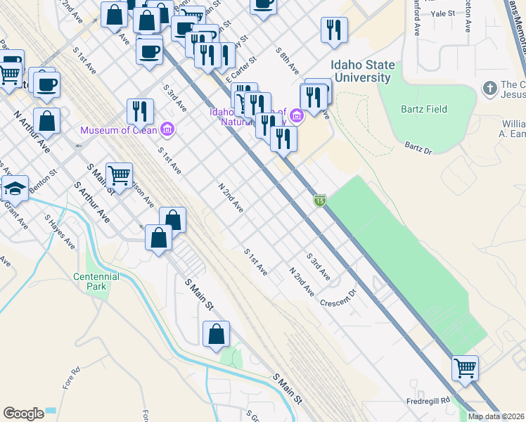 map of restaurants, bars, coffee shops, grocery stores, and more near 1247 South 3rd Avenue in Pocatello