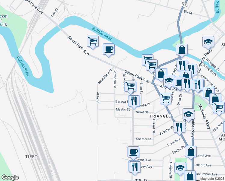 map of restaurants, bars, coffee shops, grocery stores, and more near 102 Oconnor Avenue in Buffalo