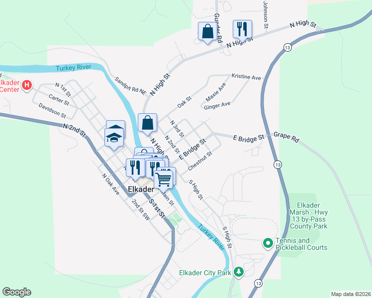 map of restaurants, bars, coffee shops, grocery stores, and more near 100-198 North 3rd Street in Elkader