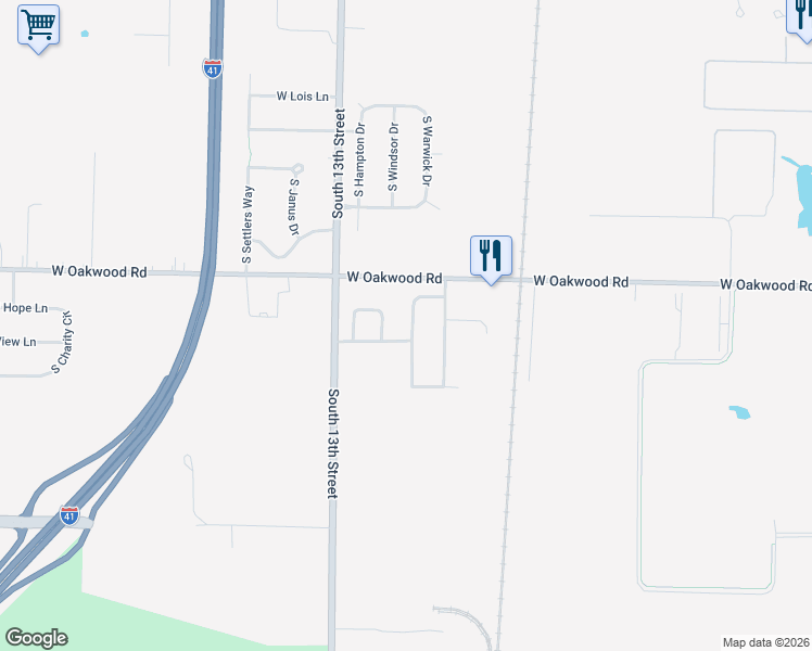 map of restaurants, bars, coffee shops, grocery stores, and more near 10363 South Mockingbird Lane in Oak Creek