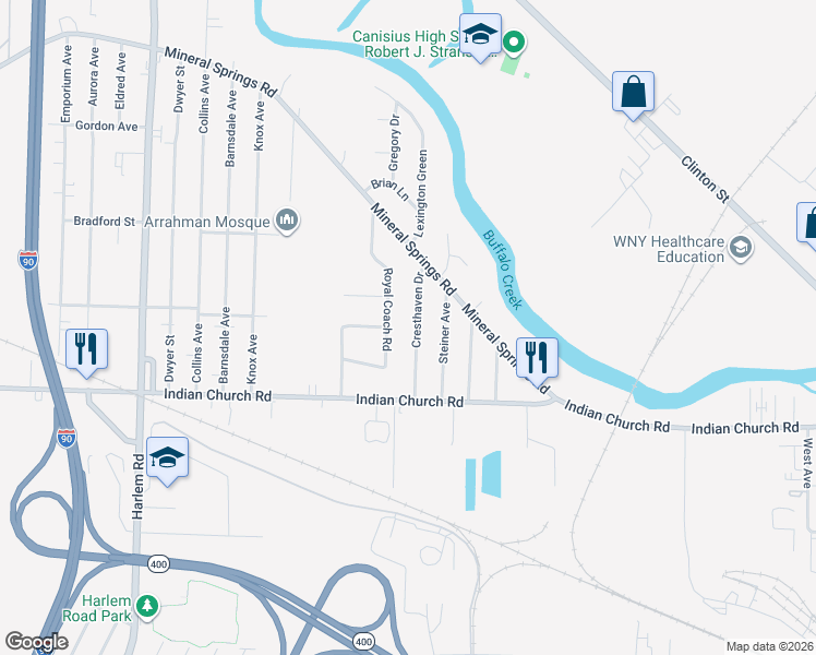 map of restaurants, bars, coffee shops, grocery stores, and more near 76 Cresthaven Drive in West Seneca