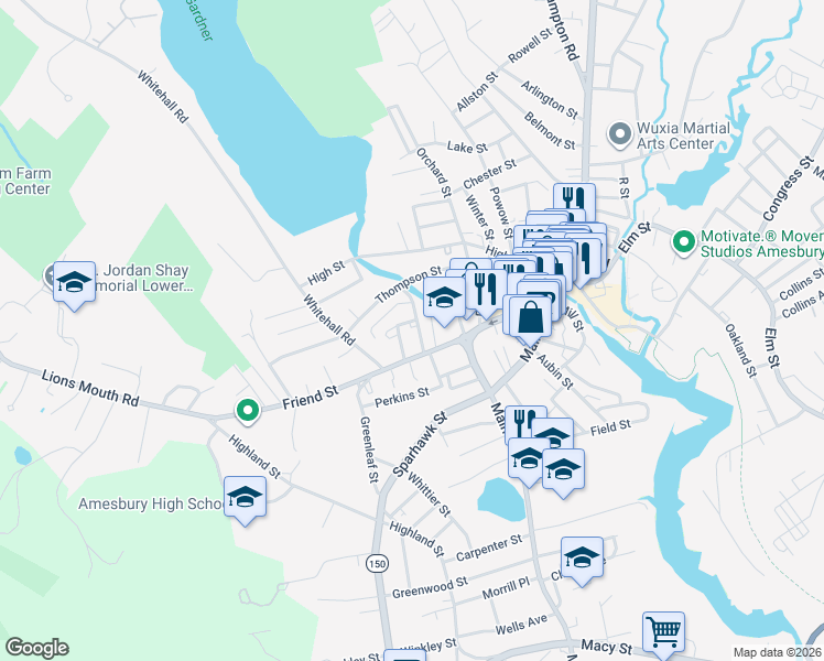 map of restaurants, bars, coffee shops, grocery stores, and more near 10 Summer Street in Amesbury