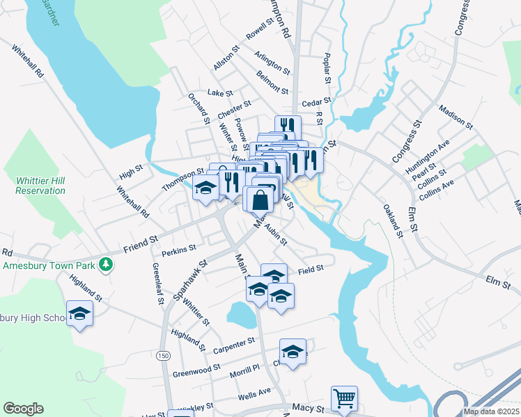 map of restaurants, bars, coffee shops, grocery stores, and more near 83 Main Street in Amesbury