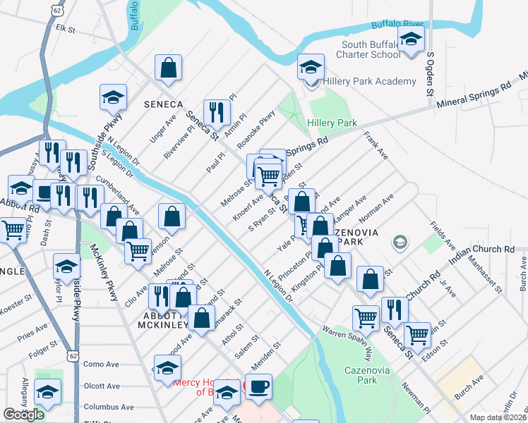 map of restaurants, bars, coffee shops, grocery stores, and more near 35 Knoerl Avenue in Buffalo