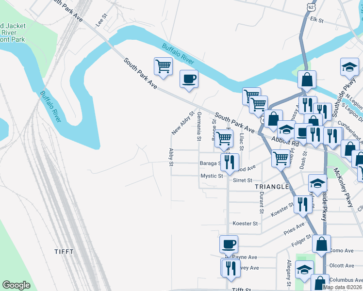 map of restaurants, bars, coffee shops, grocery stores, and more near 347 Abby Street in Buffalo