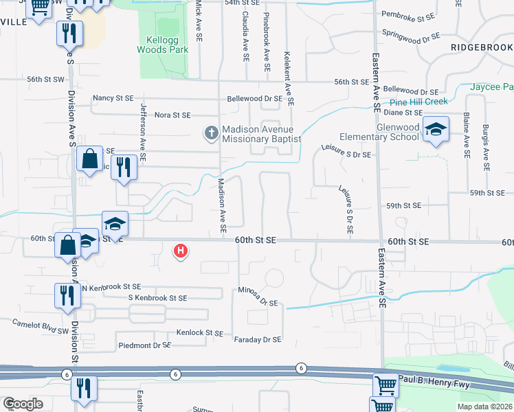 map of restaurants, bars, coffee shops, grocery stores, and more near 5918 Pine Vista Street Southeast in Kentwood