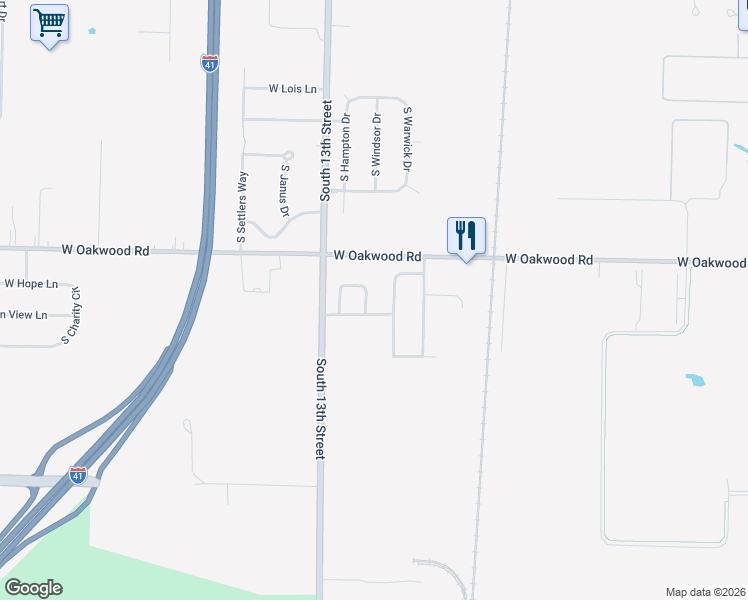 map of restaurants, bars, coffee shops, grocery stores, and more near 10363 South Mockingbird Lane in Oak Creek