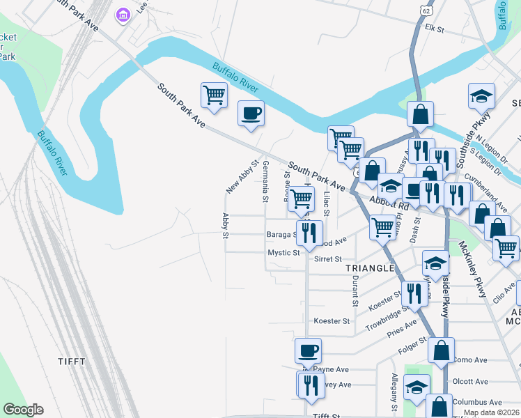map of restaurants, bars, coffee shops, grocery stores, and more near 102 Oconnor Avenue in Buffalo