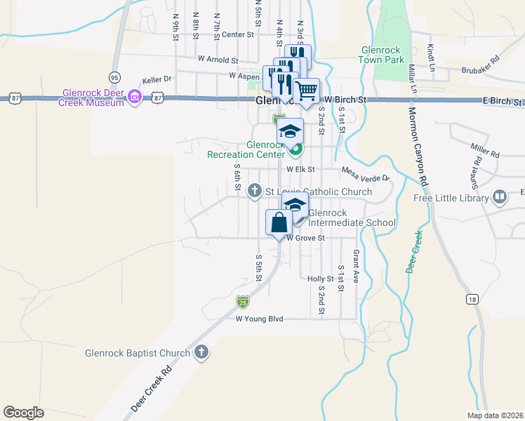 map of restaurants, bars, coffee shops, grocery stores, and more near 618 South 5th Street in Douglas