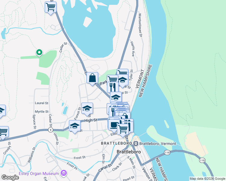 map of restaurants, bars, coffee shops, grocery stores, and more near 15 Putney Road in Brattleboro