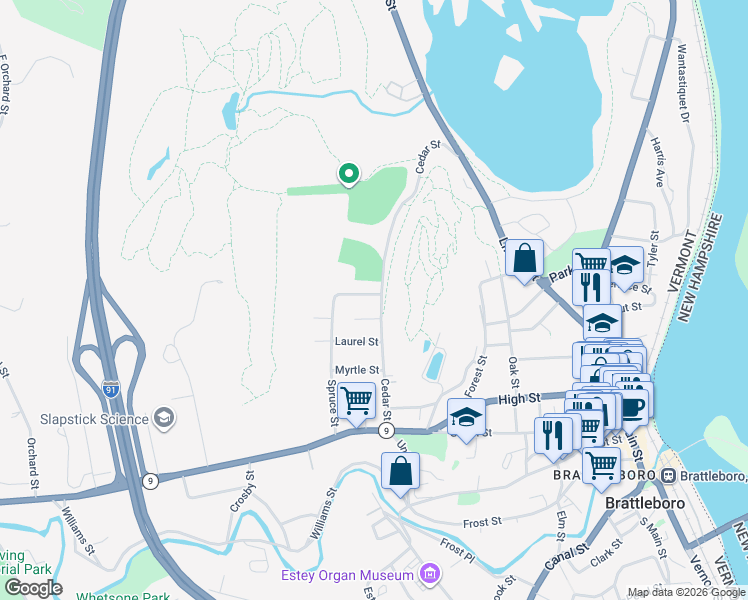 map of restaurants, bars, coffee shops, grocery stores, and more near 140 Cedar Street in Brattleboro
