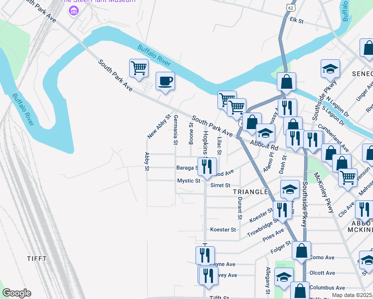 map of restaurants, bars, coffee shops, grocery stores, and more near 16 Boone Street in Buffalo