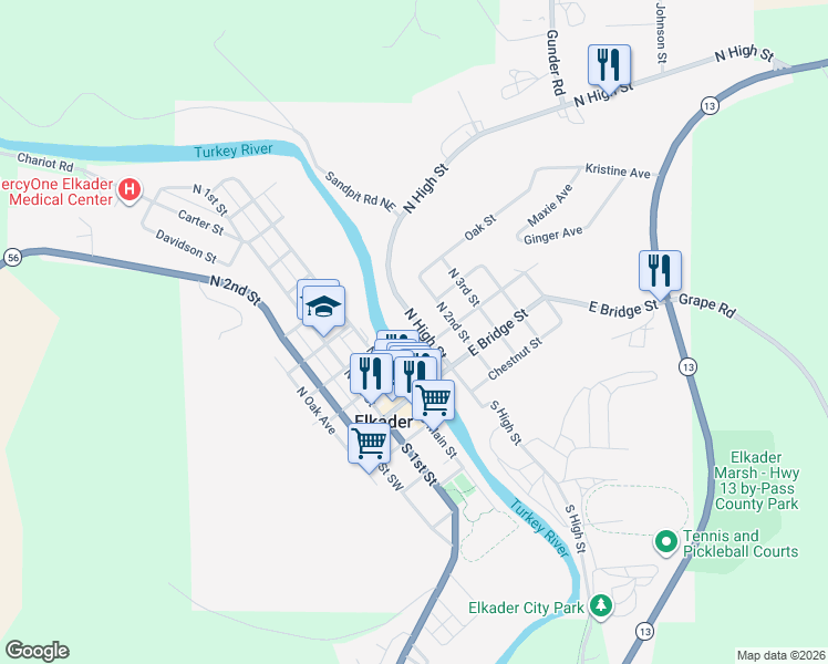 map of restaurants, bars, coffee shops, grocery stores, and more near 206 North High Street in Elkader