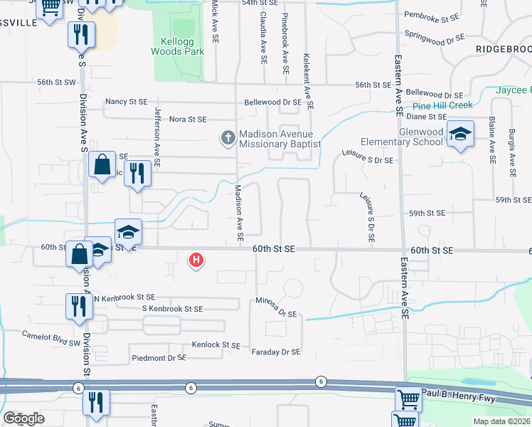 map of restaurants, bars, coffee shops, grocery stores, and more near 5918 Pine Vista Street Southeast in Kentwood