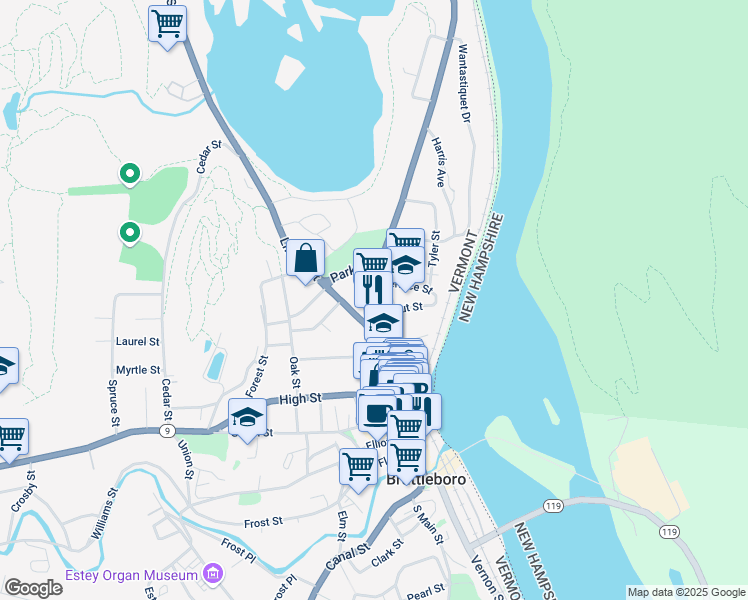 map of restaurants, bars, coffee shops, grocery stores, and more near 15 Putney Road in Brattleboro