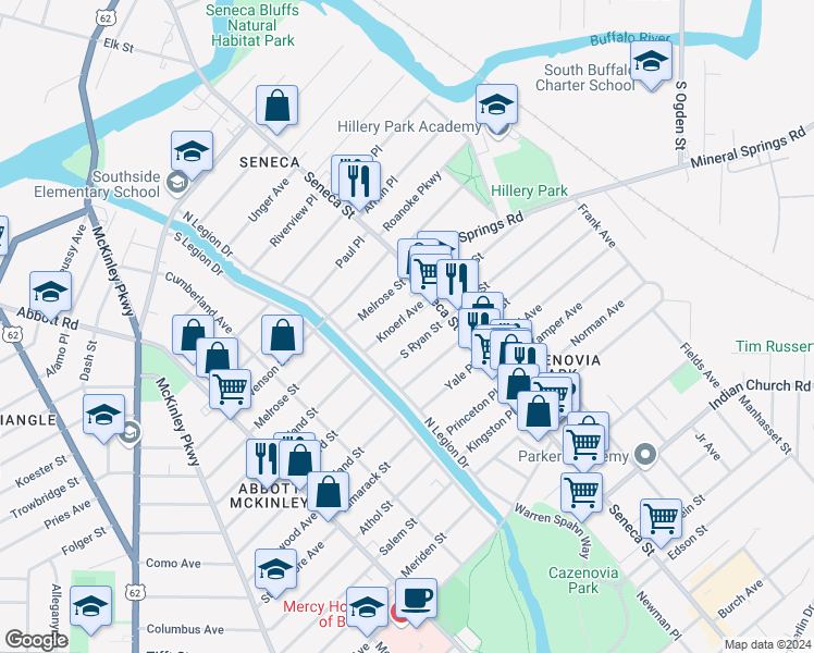 map of restaurants, bars, coffee shops, grocery stores, and more near 35 Knoerl Avenue in Buffalo